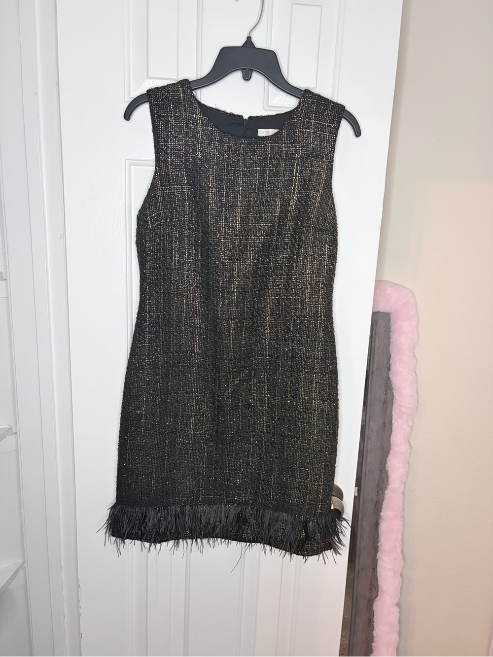 Boston Proper Black Metallic Tweed Sheath Dress with Feather Trim